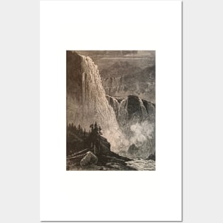 Skjeggedal, Norway waterfall illustration in black and white, 1800s, historical nature Posters and Art